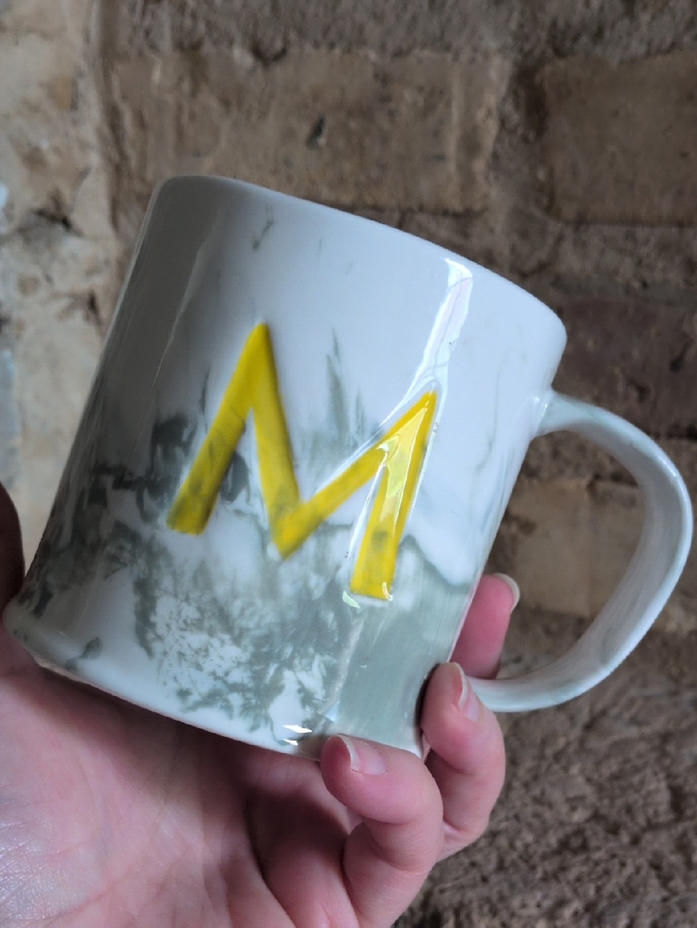 ANTHROPOLOGIE I  NWT Green & White Marbled Ceramic Pottery Mug with Yellow 'M'
